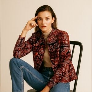 Molly & Maxx Brocade Zippered Boho Metallic Stitch Paisley Jacket Red Black Sm